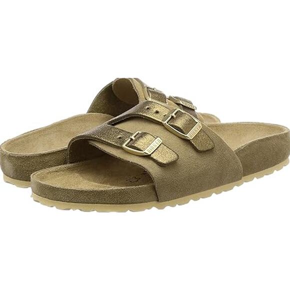 Birkenstock Vaduz Slide Sandals Sz 38 Gold Metallic Suede Leather Slip On Buckle - Picture 2 of 9